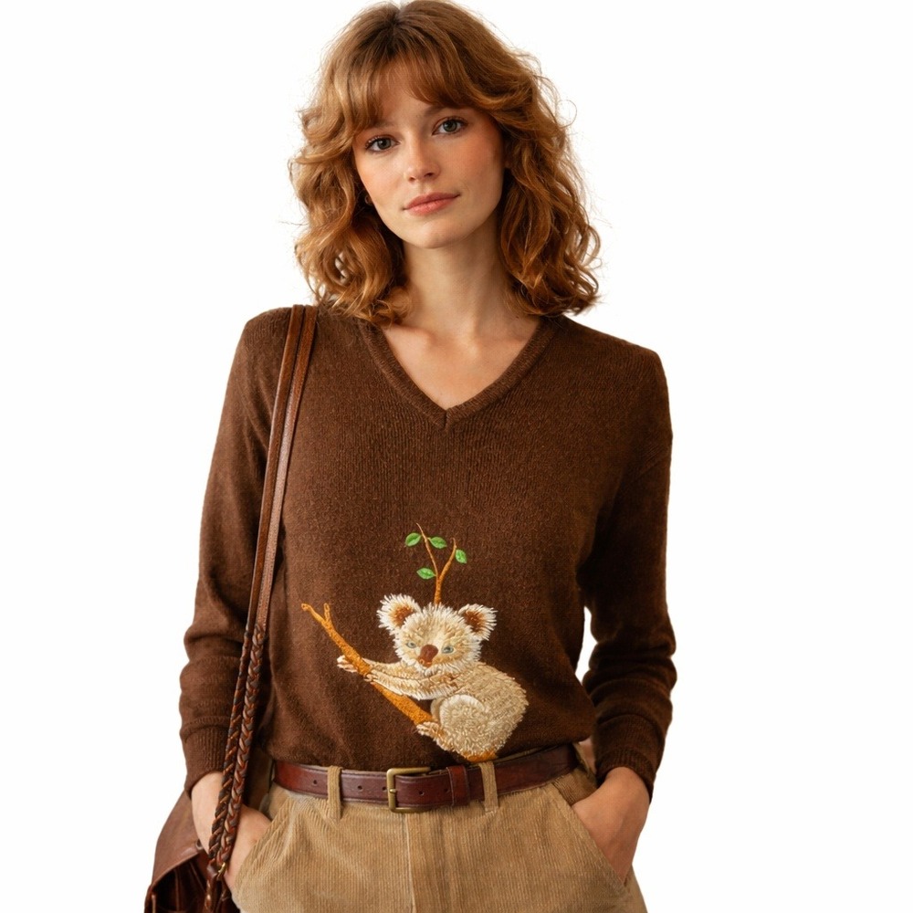 LeRoy Knitwear Womens Sweater‎ 70s Brown Ribbed Embroidered Koala Size Medium